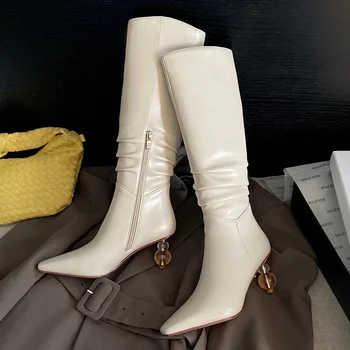 

New Concise Casual New Women Knee-High Boots 2020 Autumn Winter Shoes Woman Sexy High Heels Black Beige Long Boots size 34-39
