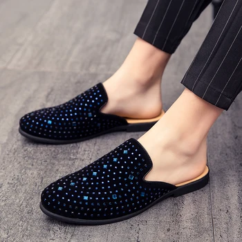

Leather Mules Men Suede Casual Summer Slip-On Slippers On Backless Diamond Loafers Lazy Person Half Shoe For Men Big Size Blue