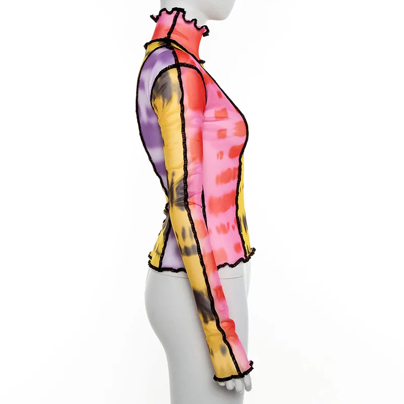 Chicology галстук краситель печати сетки Сексуальная футболка Лоскутная Эстетическая футболка с длинными рукавами осень зима женские топы вечерние клубная одежда