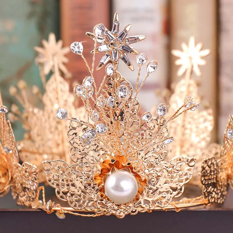 Vintage Wedding Bride Hair Jewelry Ornaments Full Circle Crystal Bridal Tiaras and Crowns Gold Leaf Floral Pearl Noiva Diadem