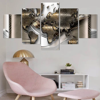 

World Map Prints Poster Wall Painting 5 Pieces Modern Matallic Abstract Canvas Art Modular Pictures for Office Decor