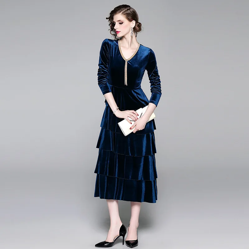

Europe And America 2019 Autumn Chain Tassels Elegant Slim Fit Cake Dress Elegant Velvet Dress