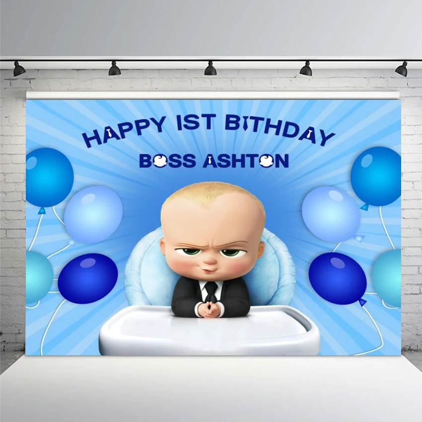 

Mehofoto Blue Theme Little Men Boss Baby Backdrop for Photo Studio Balloons Boys Happy 1st Birthday Party Photography Background