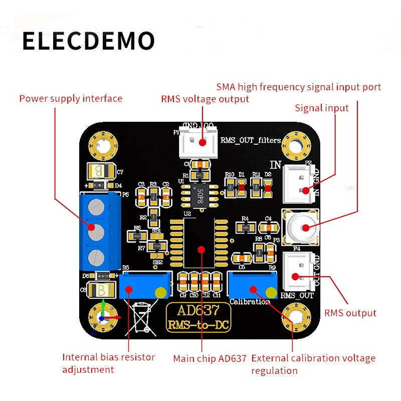 Módulo de Detecção Módulo de Detecção de Tensão de Pico Módulo de Saída Tensão com Função de Filtro de Baixa Tensão Pico dc Passagem Placa Demonstração Ad637 Rms de - Imagem 4