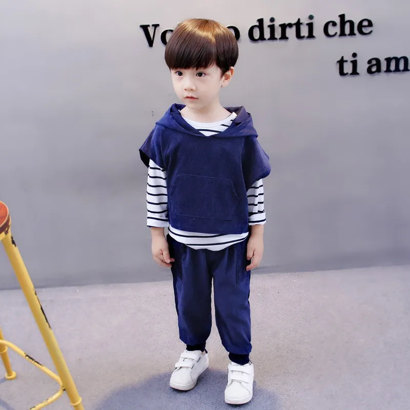 HilittlekidBaby/Длинный топ в полоску для маленьких мальчиков и девочек+ кордовое пальто с ушками+ длинные штаны теплые комплекты для активного отдыха на весну и осень комплекты детской хлопковой одежды