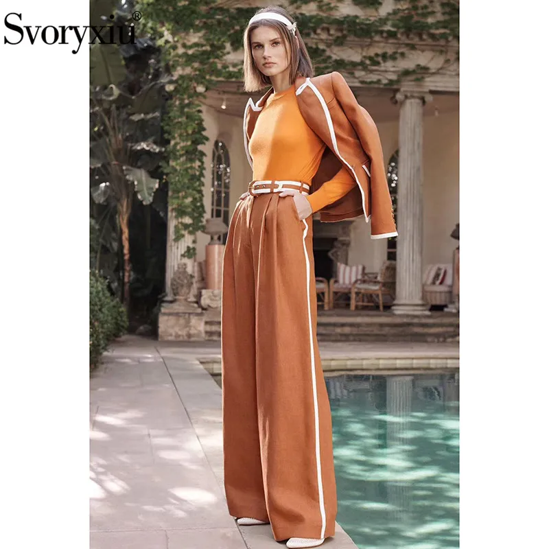 

Svoryxiu Autumn Winter Runway Jackets Two Piece set Women's Long Sleeve Single Button Coat + Wide leg Pant Suits Twinset