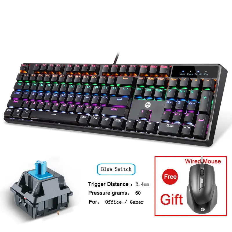 GK320 Blue Оригинальная механическая клавиатура hp, ноутбук, компьютерный игровой переключатель Cherry, предложение, проводная мышь для подарка, 104 клавиш, клавиатуры - Цвет: GK320 Blue