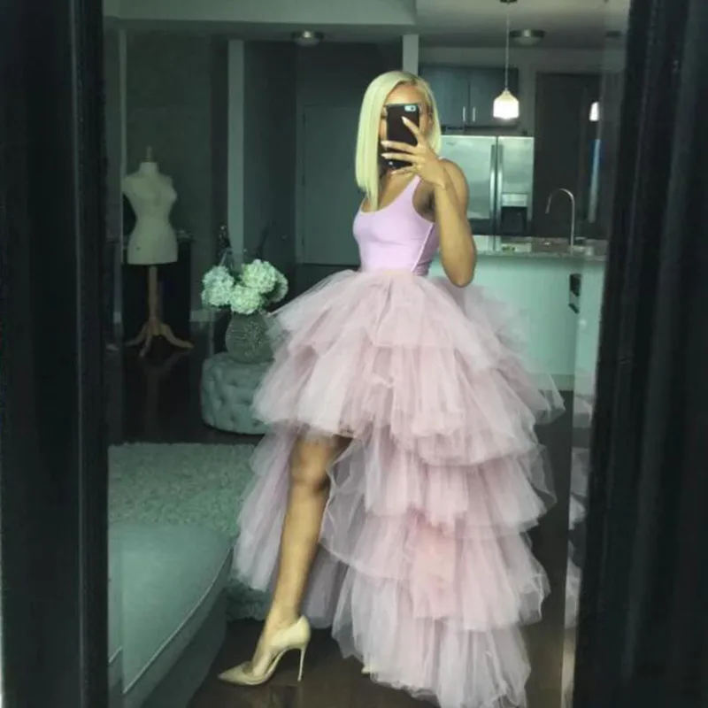 

Mingli Tengda Chic Women Tutu High Low Tulle Skirt Tiered Ruffles Asymmetrical Prom Gown Party Skirts Saia Faldas Custom Made