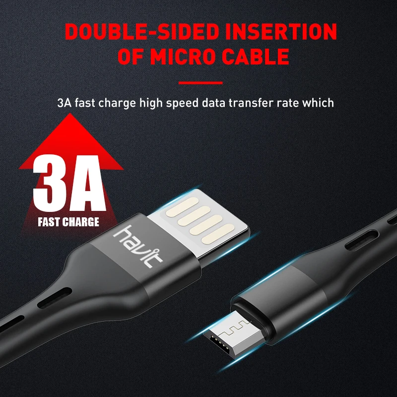 HAVIT Double-Sided Insertion of Micro Phone Cable USB 3A Flash Charge For OPPO Samsung Xiaomi Android Mobile Phone Wire Cord