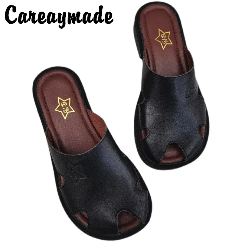 Careaymade-Genuine Leather big shoes wide version sandals women's  pure original leather single soft sole turtle Baotou slippers