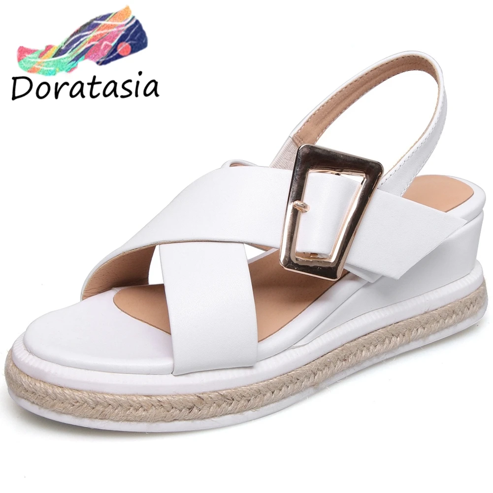 

DORATASIA Genuine Leather Women Round Toe Sewing Buckle Back Strap Shoes High Wedges Casual Sandals Women Sandals
