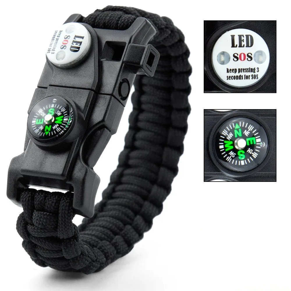 Outdoor Emergency Survival Bracelet SOS LED Light Camping Paracord Rope Multifunctional Survival Tool Whistle Compass Bracelet