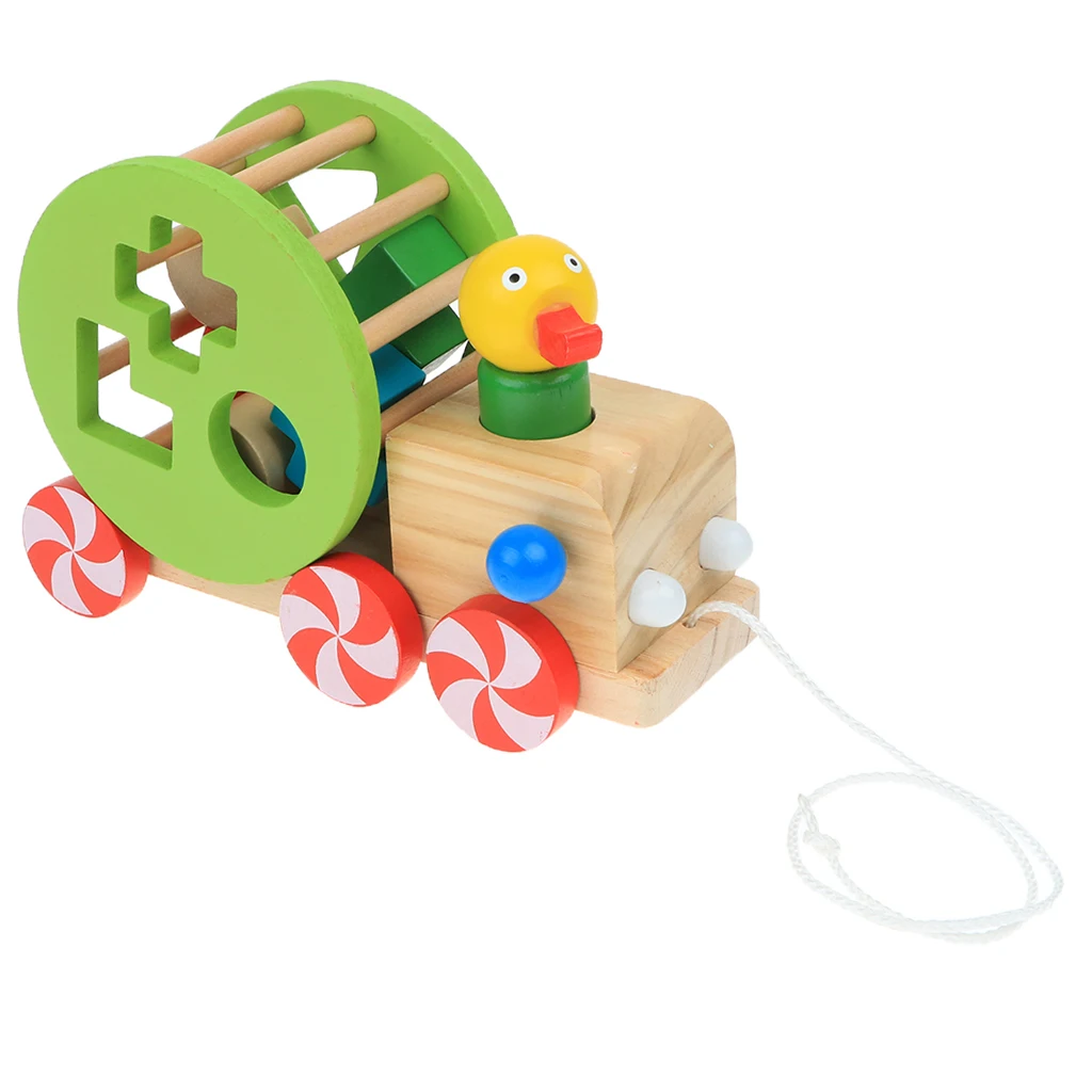 Wooden Duck Car Toddler Walking Pull Along Toy Pull and Push Animal Vehicle Geometric Shapes Sorter Car Early Developmental