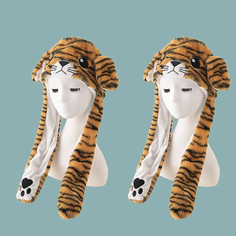 Fuzzy Caps Tiger Head-Shaped with Stripes and Moving Ears Achieved by Pinching Paws Caps for Warm Keeping ski beanie