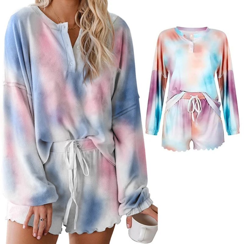 

Women Autumn Tie-Dye Print 2 Piece Pajamas Long Sleeve Buttons Pullover Tops Ruffles Drawstring Shorts Loose Tracksuit Home Loun