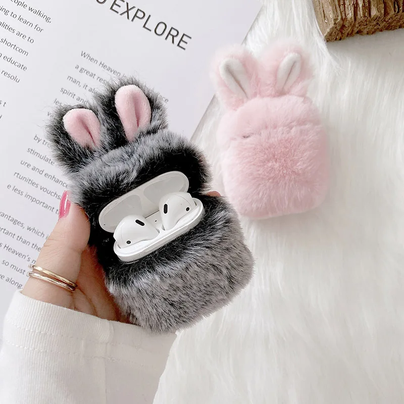 

Cute Rabbit Ears Fluffy Case For Apple Airpods Cover Silicone Fur Headphones Case Box For Airpods Pro/2/1 Cartoon Earphone Case