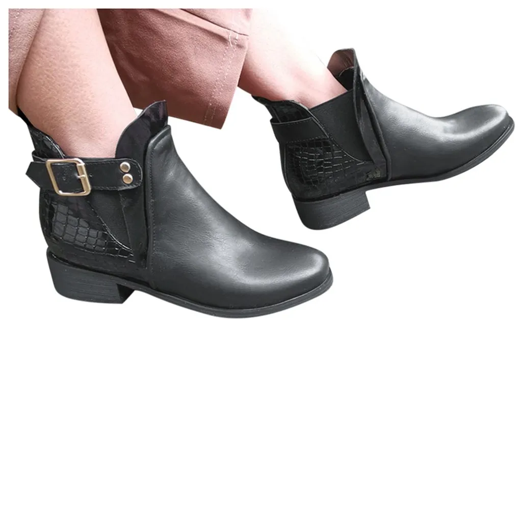 Весенне-Зимние новые модные женские разноцветные полусапожки на квадратном каблуке с пряжкой и ремешком обувь с круглым носком Повседневная обувь на плоской подошве# O17 - Цвет: Черный