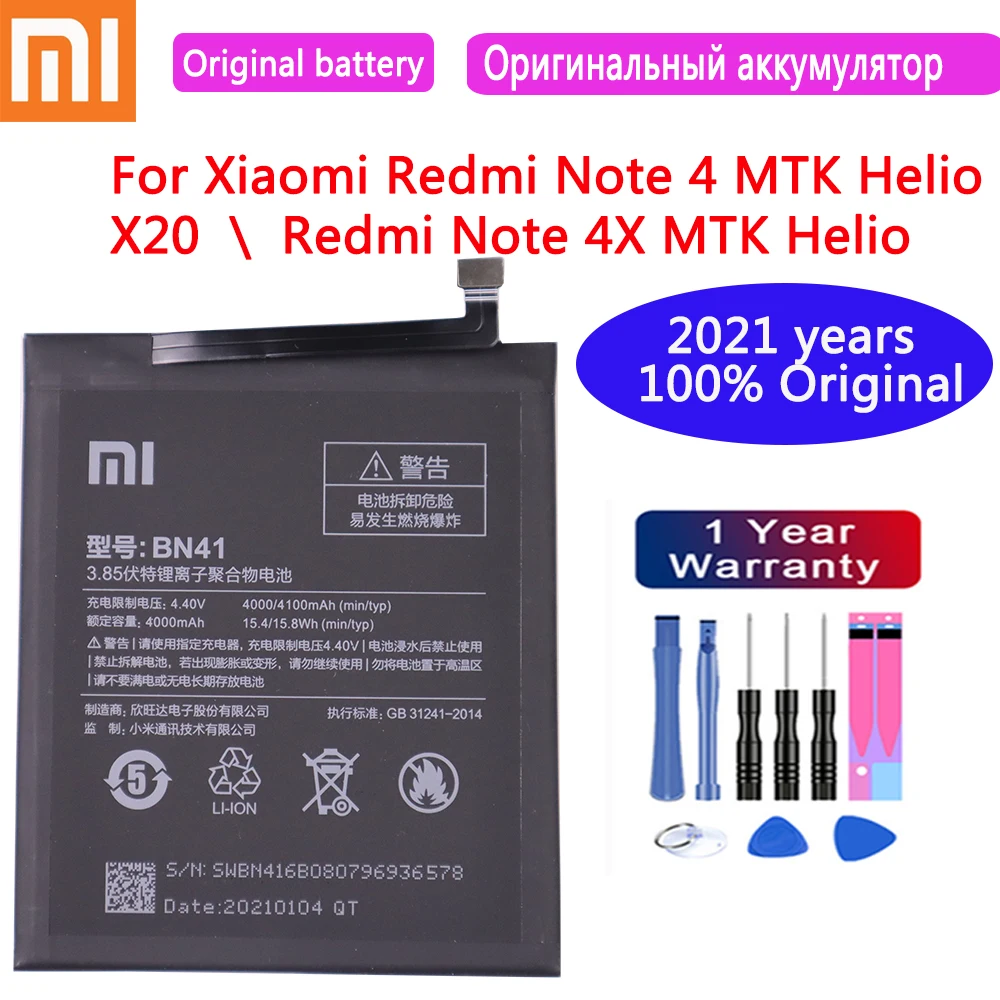 2021 100% оригинальный сменный аккумулятор BN41 4100 мАч для Xiaomi Redmi Note 4 MTK Helio X20 4X батарея