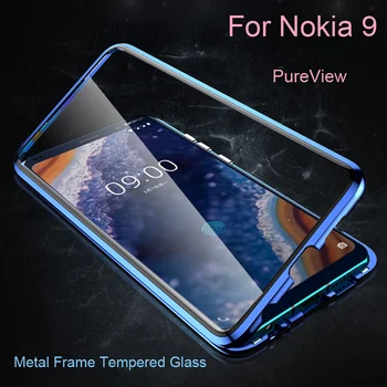 

Luxury Magnetic Adsorption Fip Case For Nokia 9 PureView Metal Frame Doubl Tempered Glass Cover 9PureView Protective Phone Case