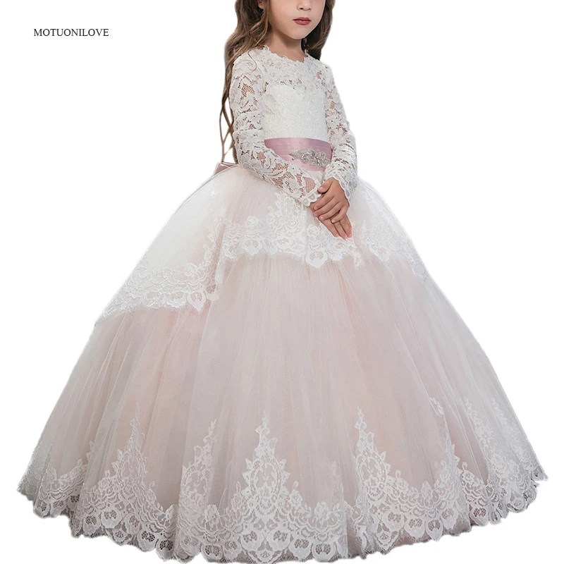 Flower Girl Dresses Floral Appliqu&eacute; Dress Girls Dresses Long Sleeves Lace Blush Pink Baby Girl Summer Clothes Kid Dresses Toddler Girl Ball Gown Wedding Party vestidos de comunion