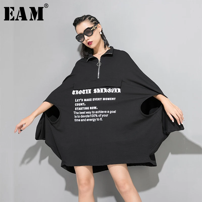 

[EAM] Loose Fit Print Oversized Sweatshirt New Stand Neck Three-quarter Sleeve Women Big Size Fashion Autumn Winter 2019 1A317