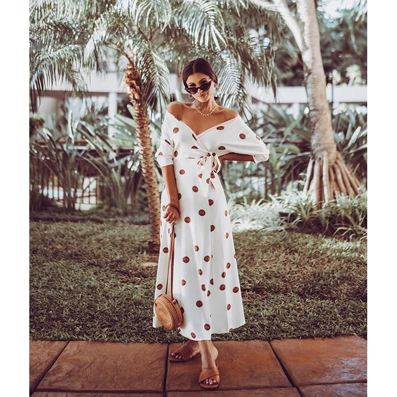 

Vintage Women Off Shoulder Robe Dress Female Slash Neck Long Dress Ladies Half Sleeve Dot Dress for Party Summer Vestidos