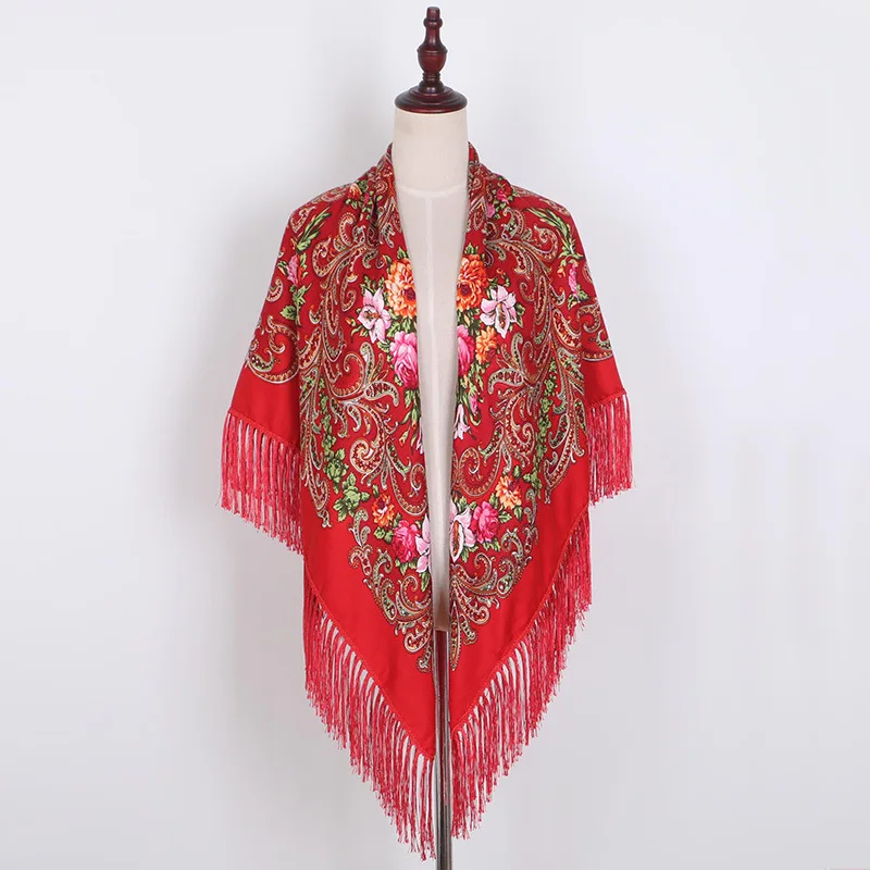 Russian Style Women Autumn Winter Warm Shawl Ethnic Printed Square Scarf Ukraine Spain Oversized Fringed Scarves Muslim Hijab