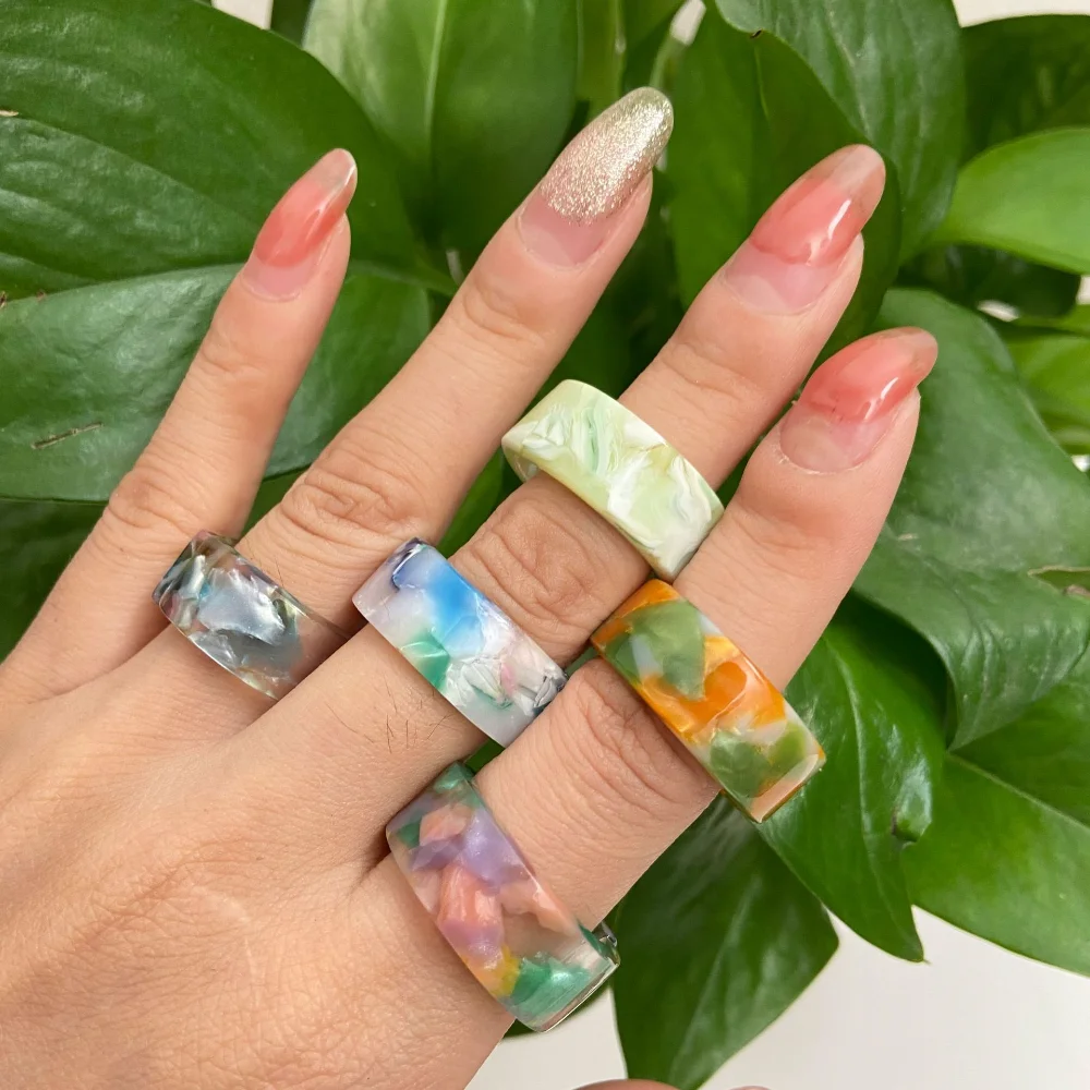 New Colorful Transparent Resin Acrylic Crystal Rhinestone Simple Geometric Square Round Rings Set for Women Fashion Jewelry