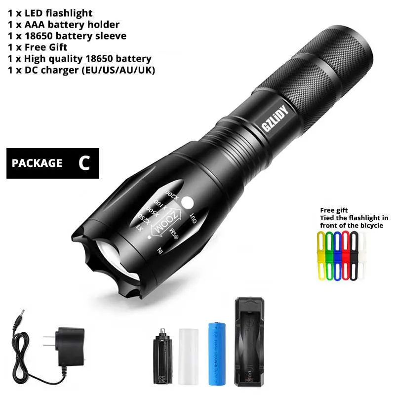 Package C Супер яркий светодиодный тактический светильник-вспышка, 5 режимов, T6/L2/V6, водонепроницаемый фонарь, масштабируемый походный светильник с 18650 батареей и подарками - Испускаемый цвет: Package C