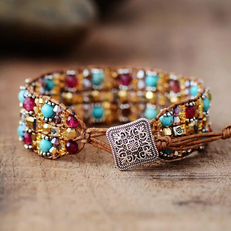 Boho браслеты высокого класса натуральные камни воск шнур обертывание браслет