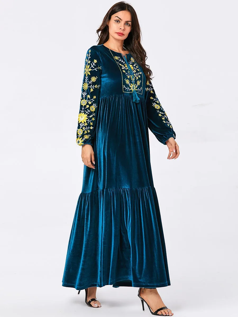 Abaya/арабское платье с цветочным рисунком; кафтан в Дубае; сезон весна-зима-осень; теплое темно-синее Повседневное платье с вышивкой; большие размеры