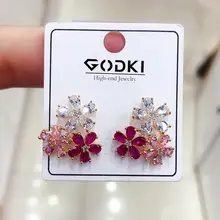 Подвески в виде цветов GODKI, разноцветные кубические циркониевые серьги для женщин, трендовые инкрустированные круглые корейские серьги Букле д 'Орель