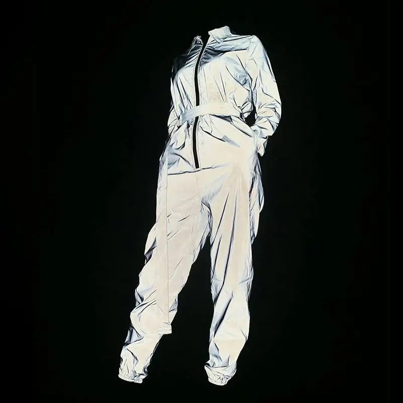 

Reflective zipper belt lace up women party jumpsuit trousers 2019 autumn winter female long sleeve streetwear clothing