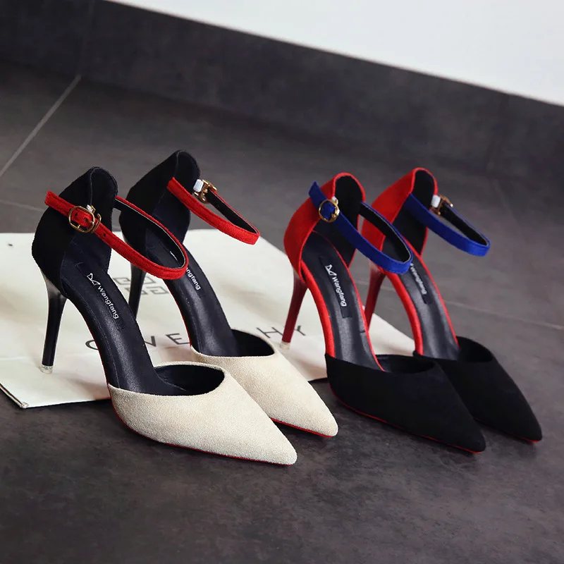 

Women shoes 2019 New Fine with high heels 2019 summer wild pointed Korean version of a word buckle mixed hollow sandals NWLX020