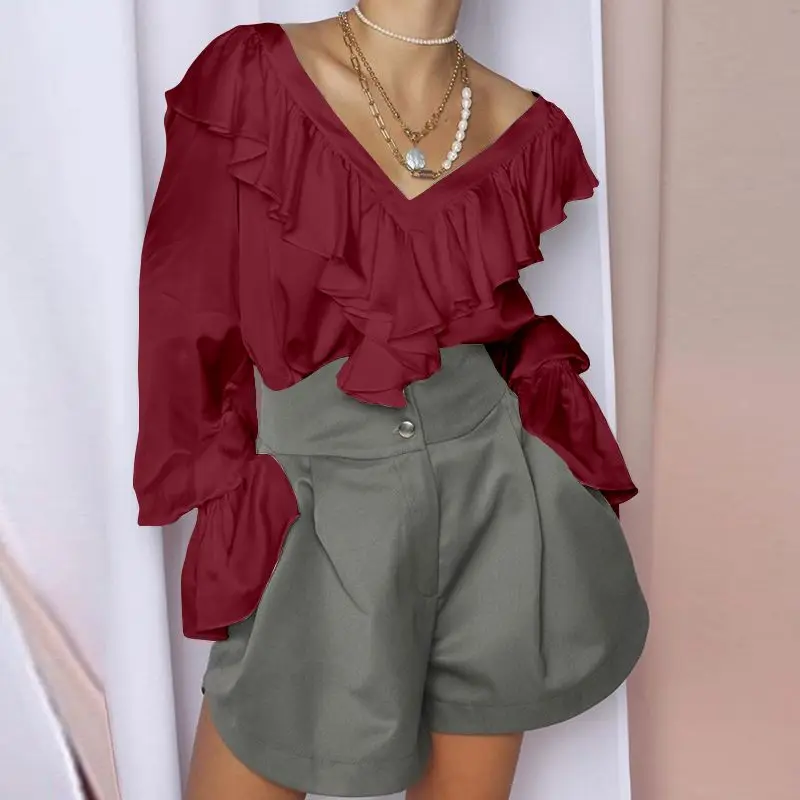 Модная белая шелковая атласная блузка Celmia, Женская Сексуальная рубашка с v-образным вырезом и длинным рукавом, летний топ с оборками, одноцветная Повседневная Блузка размера плюс - Цвет: Wine Red