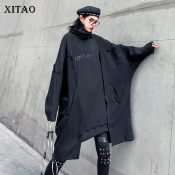 

XITAO Plus Size Pleated Sweatshirt Fashion Irregular Letter 2019 Winter Turtleneck Elegant Black Small Fresh Sweatshirt ZLL4499