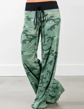 

Loose Pocket Casual Wide Leg Pants Camouflage PrintWide Leg Pants Straight Stretchy Long Pants