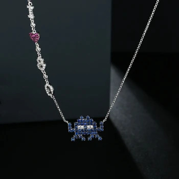 

925 Sterling Silver Charm Necklace Paved AAA Zircon Square Love 80S Pixel Robot Collar Necklace for Women Party Wedding Jewelry