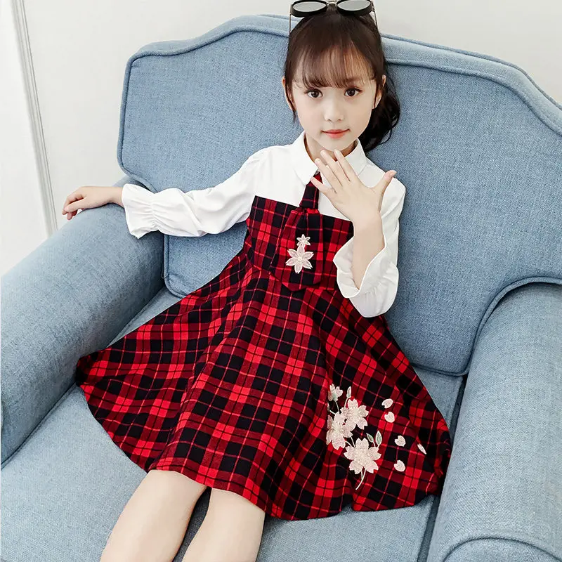 Платье для девочек; платье-рубашка; элегантное платье в клетку с лацканами; одежда с длинными рукавами и цветочной вышивкой; повседневные школьные платья принцессы для маленьких девочек