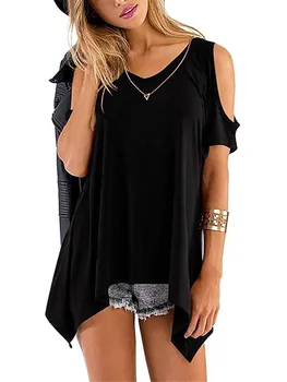 

Sexy Off Shoulder Irrgular Tops Tee Summer Women Casual Loose V-Neck T Shirt Ladies Streetwear Solid Color Short Sleeve T Shirts
