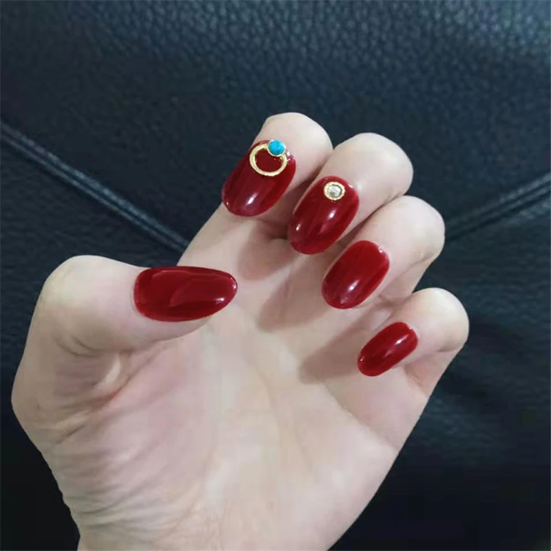 Nusx 24pcs Beautiful Full Cover Diamond Crystal Fake Nails With Diamond Stiletto Round Head Red False 2