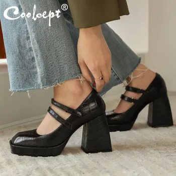 

Coolcept New Fashion Shoes Genuine Real Leather Pumps Square Toe Chunky Heel Buckle Strap Shoes Ladies Footwear Size 34-39