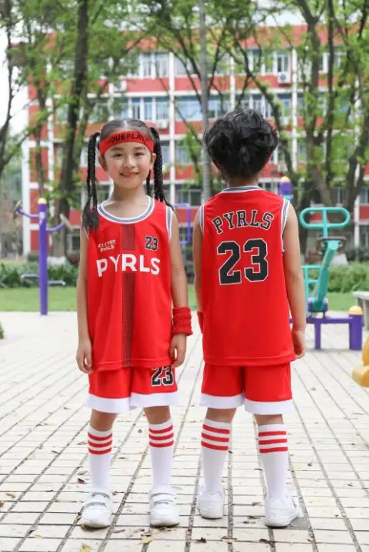 

2019 Kids Basketball Sets Training Tracksuits Print Number 23 Boys and girl Breathable Basketball Jersey Uniforms Child Spor