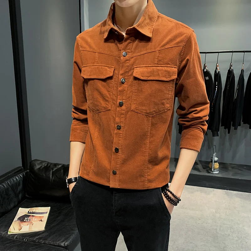 cotton corduroy shirt men's long sleeves autumn Korean version of the trend handsome pocket Slim tooling shirt casual