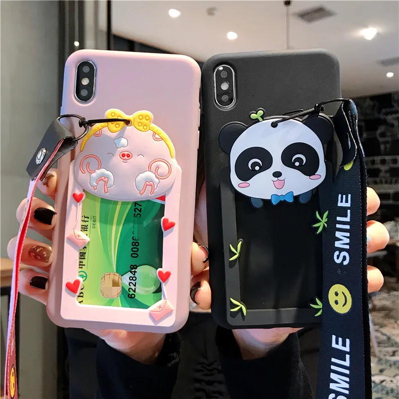 

Cute Card Slot Phone Case For iPhone 11 Pro XR X Xs Max Cartoon Wallet Panda Cases For iPhone 7 8 6 6s Plus Soft Lanyard Covers