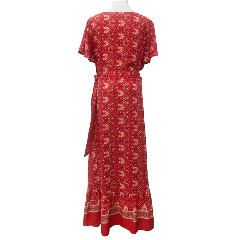 Dropshipping Women Summer Retro Floral Print Long Dress Elegant Beach Belt Sexy V-Neck Appearance Print Maxi Bohemian Dress Lady