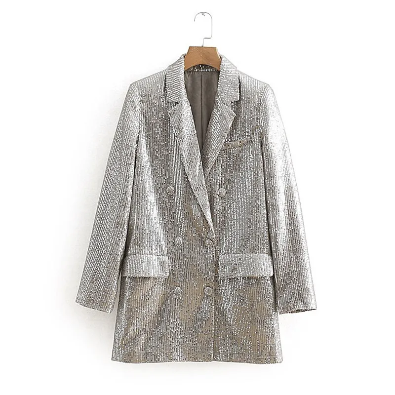 2019 новые осенние элегантные вечерние блесток Блейзер, женский пиджак Feminino Повседневное Сияющий с карманами, верхняя одежда с длинными