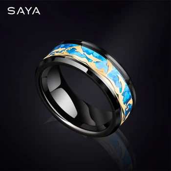 

Black Tungsten Rings for Couples Wedding High Polished Inlay Blue Opal and Gold Color Dolphin Pattern, Free Shipping, Customize
