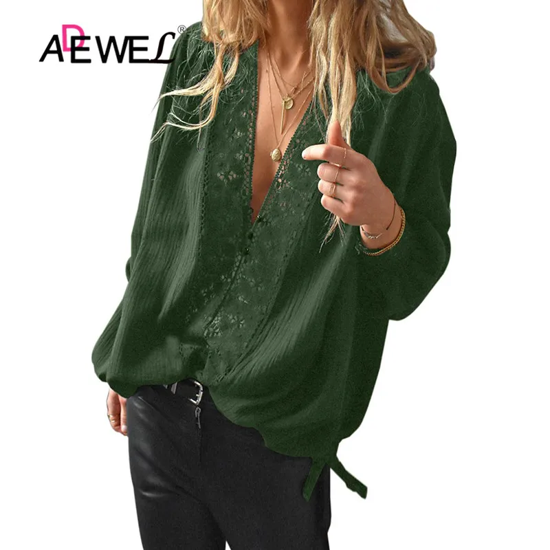

ADEWEL 2019 New Sexy Green Black Deep V Neckline Crochet Tops and Blouses Long Sleeve Hollow Out Loose Casual Women Blouse