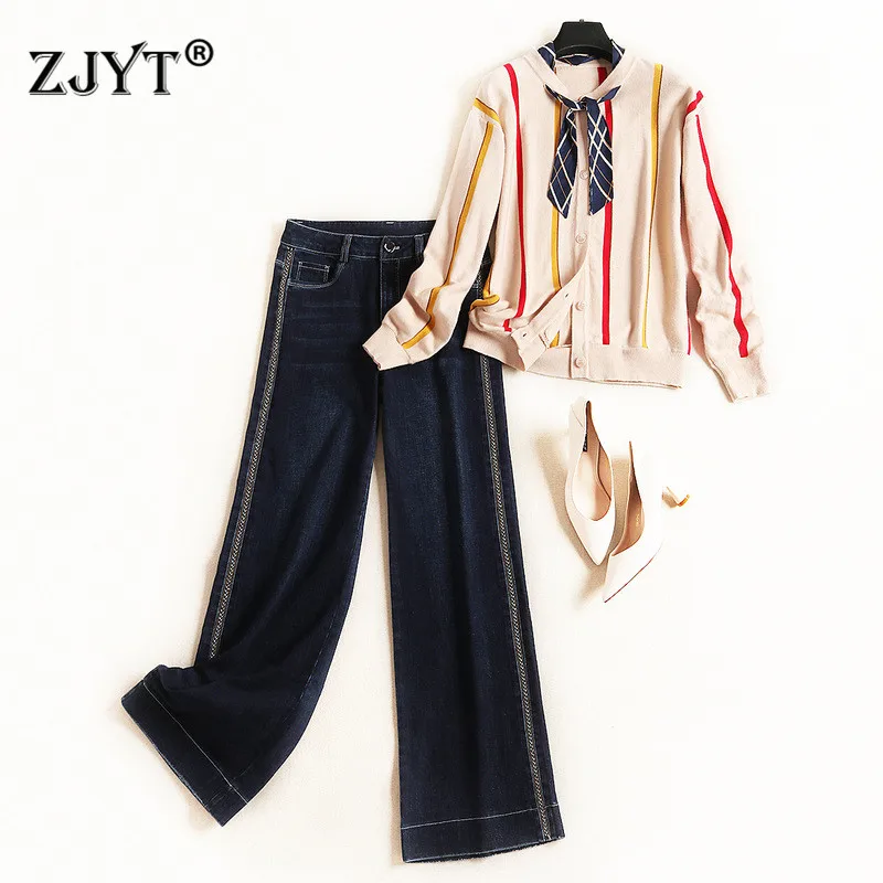 

Fashion New Autumn 2 piece Pants Sets Women Long Sleeve Striped Cardigan Knit Sweater and Denim Pants Suit Matching Sets